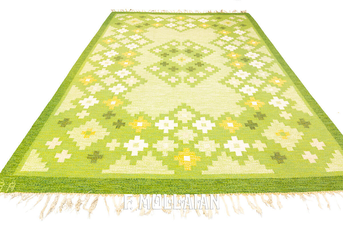 Greenish Signed Rollakan Swedish Wool Kilim n°:512174